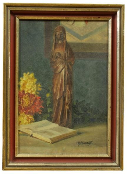 弗罗曼蒂（M.FROMENTY）（20世纪）。《圣母静物》。布面木板油画。右下角有签名。
画框
可见