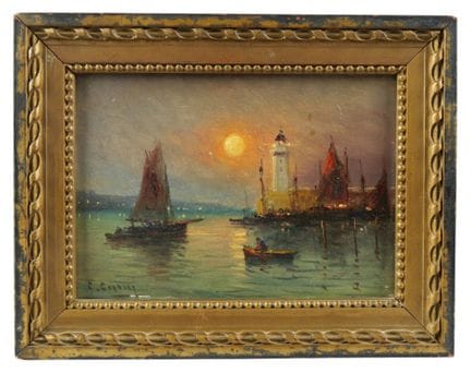 C. CORDIER（20世纪）。灯塔旁的船。木板油画。左下角有签名。
画框
约13 x 18 厘米