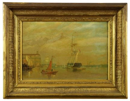 荷兰画派（19世纪末至20世纪初）
海景
木板油画
右下角有签名痕迹
带画框
约24.5 x 36 