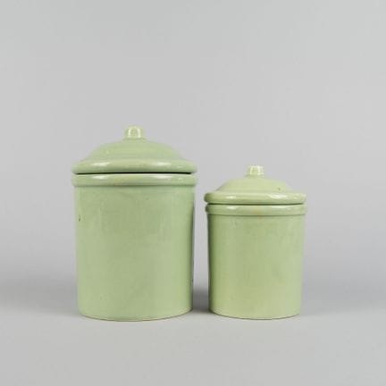 VARAGES. Two lidded pots made of green-glazed eart