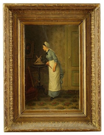 19世纪画派
手持羽毛掸子的女佣
木板油画
右下角签名无法辨认
带画框
约42 x 27.5 厘米
