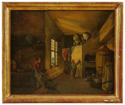 19世纪法国画派，德罗林（Drölling）的追随者。
室内场景，画中一名儿童正在墙上涂写
布面油画