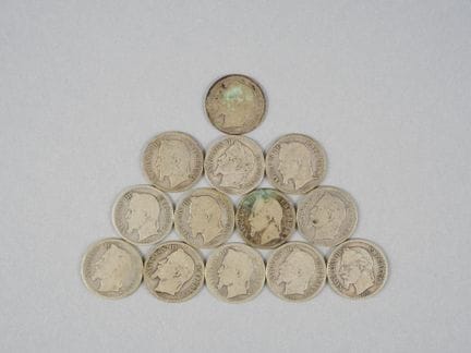 13 Coins. Bar. Emperor Napoleon III. 1 Franc. 1866