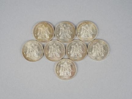 8 Coins. Dupré. Hercules. 50 Francs. 1975 (x3) and