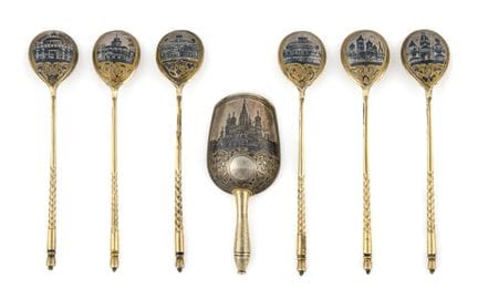 Sechs Niello Teelöffel und ein Zuckerlöffel von Wa