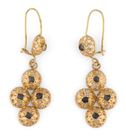 A pair of 750 gold drop earrings with diamonds. L 