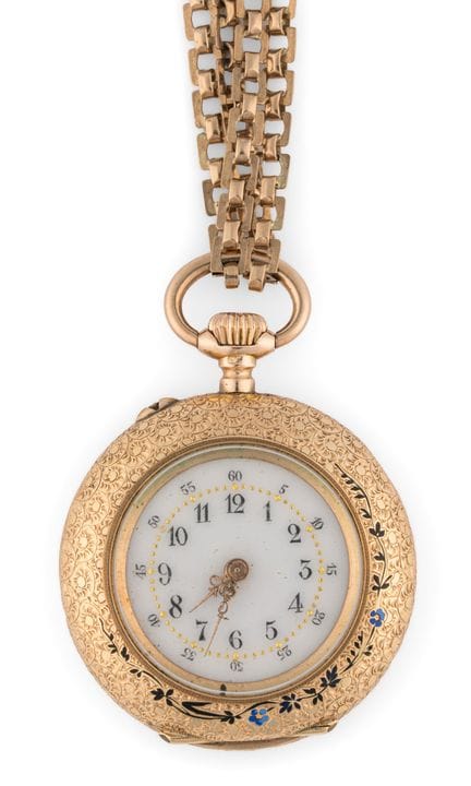Orologio da tasca smaltato con catena lunga   Fine