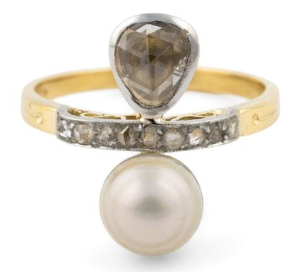 Ring 585-Gold, Perle und Diamanten.