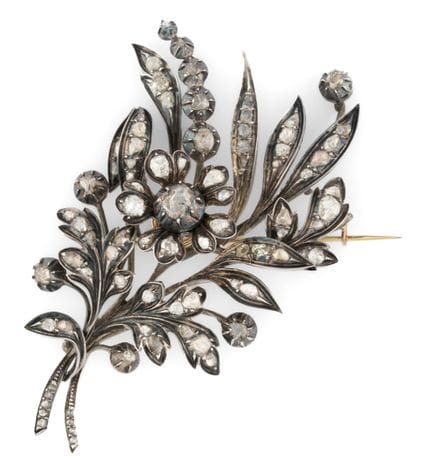 Flower brooch in 585 gold and silver. Diamond rose