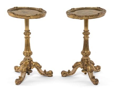 A pair of gueridons with heraldic embroidery   19t