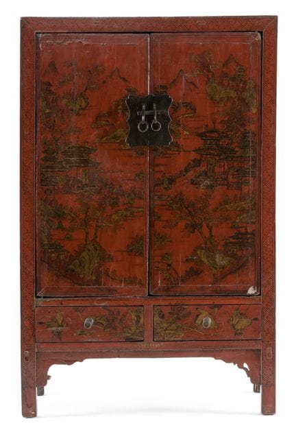 Two-door painted cabinet with a base section featu