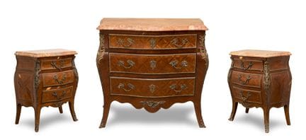 Three 18th-century-style chests of drawers. Each w