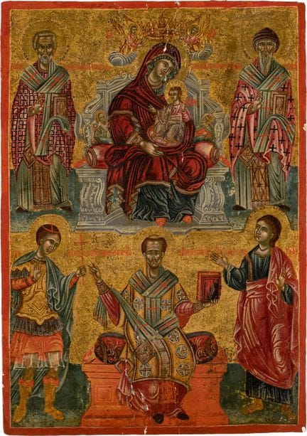 Icône   Grèce, XVIIIe siècle. Vierge trônante et s