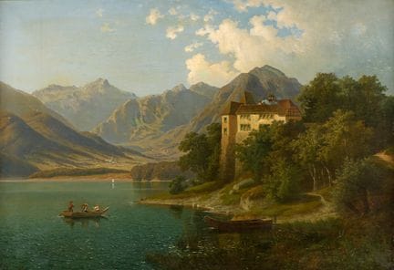 Indistinctly signed 19th century. Lakescape with c