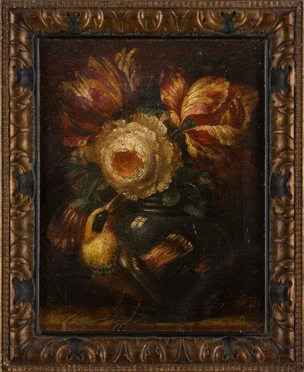 Unknown Master: Floral Still Life with a Bird. Oil