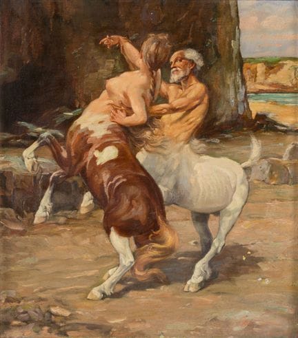 Symbolist   Circa 1900 Two Centaurs.  Oil on canva