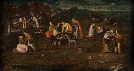 Flemish School   17th-century market scene.  Oil o