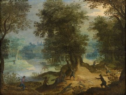 Flemish Master   17th century. Fox Hunt.  Oil on w