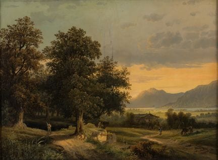 Vaguely signed   19th century. Early evening.  Oil