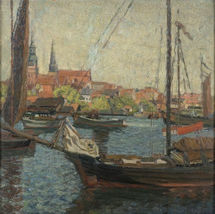Indistinctly signed.   Circa 1900. Baltic Sea port