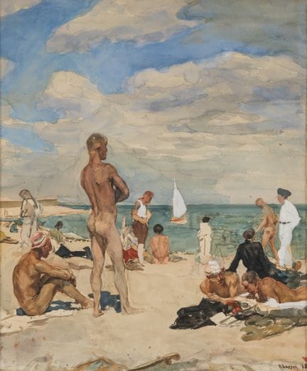 Unbekannter Aquarellist Strandszene. Bezeichnet: O