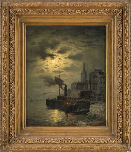Indistinctly signed. 19th century. Harbor under a 