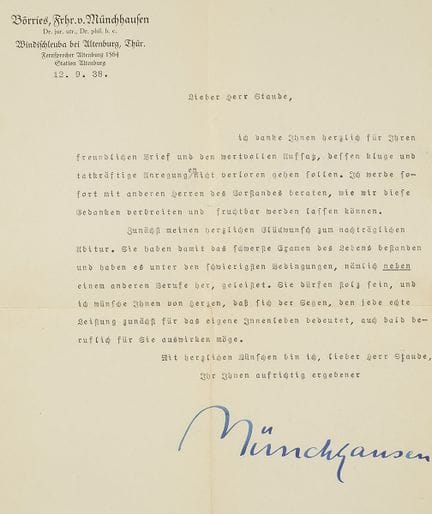 Münchhausen, Börries Freiherr von. Masch. Brief mi