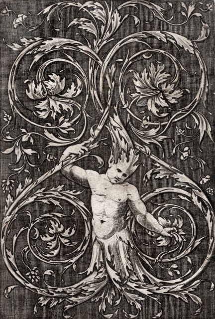 装饰。- 螺旋卷须中的怪诞半人像。铜版画，16 世纪，可能产于莱茵地区。21:14 厘米。