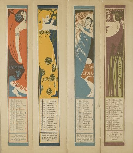 莫泽尔，科洛曼（1868-1918）。1900年日历，格拉赫出版社，维也纳。其中包含8张日历页，彩色
