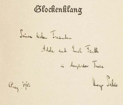 书中的签名/题词。——萨卢斯，雨果。《钟声》。慕尼黑，1911年。附有签名的题词。