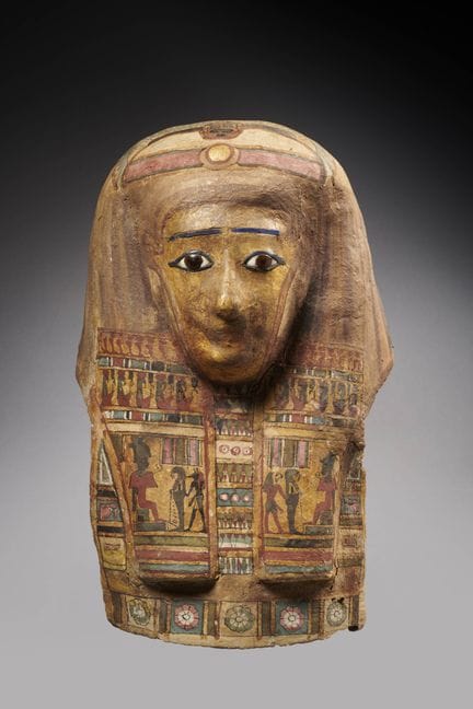 MASQUE DE MOMIE EN TOILE STUQUÉE POLYCHROME ET DOR