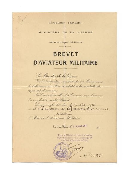 BREVET PAPIER D’AVIATEUR MILITAIRE D’EDMOND DUFAUR