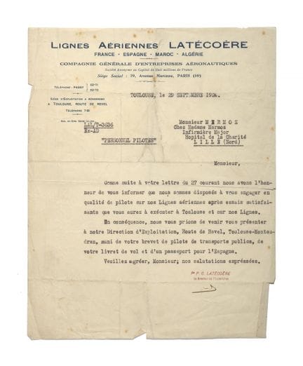 LATÉCOÈRE, Pierre-Georges (1883-1943).

Carta en s