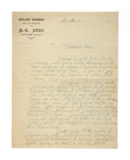 MERMOZ, Jean

L.A.S. “Jean,” Saint-Louis [mid-Octo