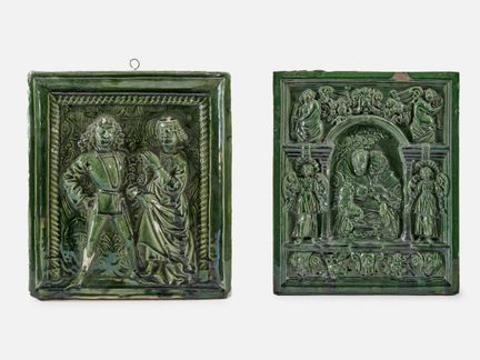 DOS AZULEJOS DE ESTUFA DE BARRO ESMALTADO, ALEMANI