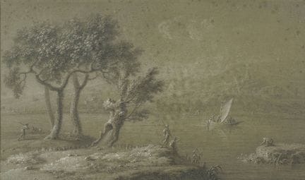 归因于亨利·萨莱姆比耶（巴黎，约1753年—1820年）

湖畔人物景致

黑色铅笔与白色粉笔绘于蓝