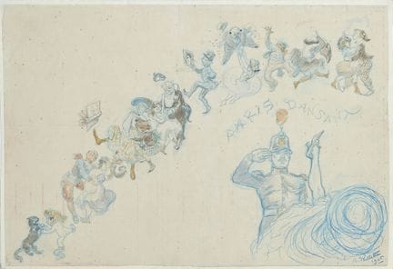 阿道夫-莱昂·威莱特

《舞动的巴黎》

蓝色彩色铅笔画，绘于粘贴在厚纸上的纸张上

用水彩提色

