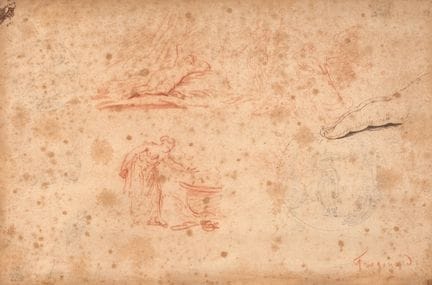 18 世纪法国学校

人物研究单张

钢笔、棕色墨水、红色粉笔和黑色铅笔 

右下方注明 "弗拉戈纳