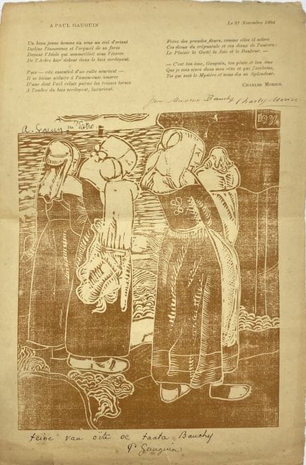 保罗·高更（1848-1903）
石版画（书页），由艺术家亲笔签名并题词。
34 x 22 厘米
有