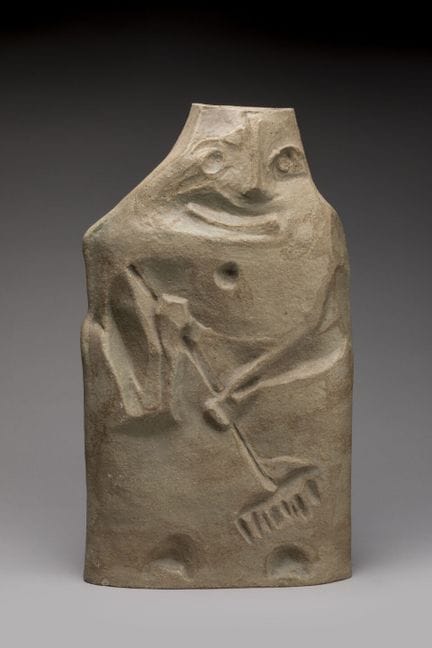 Anthropomorphic stoneware vase with a stylized dep
