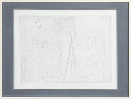 巴勃罗·毕加索（1881-1973）
《工作室里的新古典主义画家》，1963年
铜版画，绘于羊皮纸上