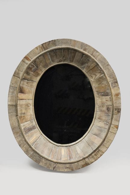 MIROIR rond à épaisses plaquettes de bois collées.