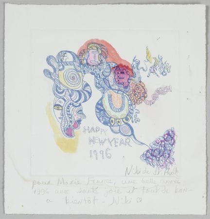 妮基·德·圣法尔（1930-2002）。
《新年快乐，1996》。
彩色蚀刻版画，绘于羊皮纸上
右下