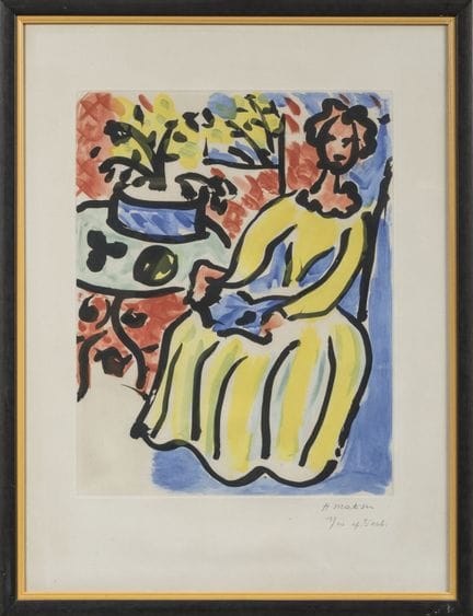 亨利·马蒂斯（1869-1954）
《身着黄色连衣裙的玛丽-乔瑟》，1950年
彩色水彩蚀刻版画，印