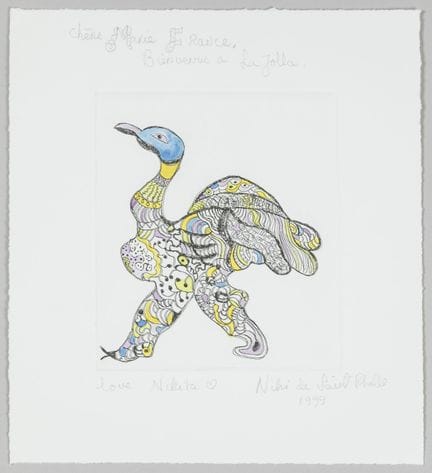 妮基·德·圣法尔（1930-2002）。
《鸵鸟》。 
彩色蚀刻版画，绘于羊皮纸上
右下角用铅笔签名