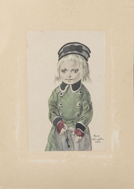藤田嗣治（1886-1968）
《小行李员》，1951年
墨水、水彩及水粉画，绘于薄纸上，薄纸全幅粘