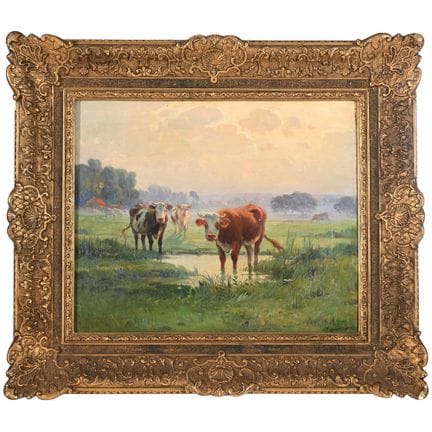 GRENET J. «Bœufs dans un paysage lacustre». Huile 