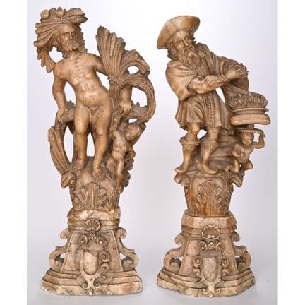 PAAR GROSSER ALBASTERFIGUREN, die den Sommer und d