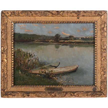 MOREAU  Adrien. (1843-1906). «Barque en bord de ri