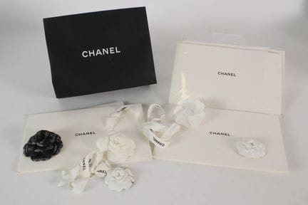 CHANEL - Lot de cartes, rubans et camélias. Dans u